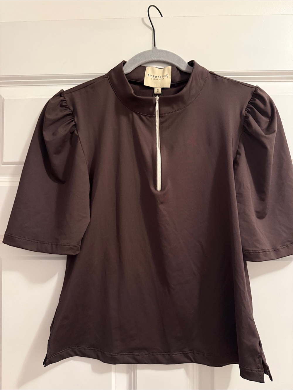 Byrdie Mock Neck Short Sleeve Top in Chocolate Brown